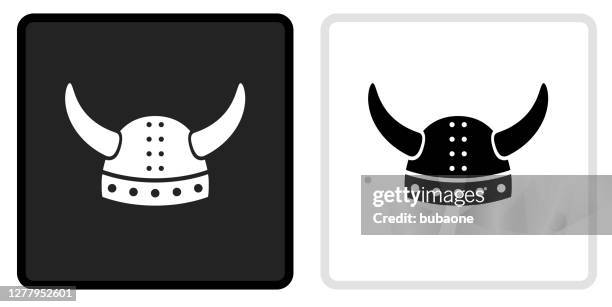 viking helmet icon on black button with white rollover - viking helmet stock illustrations