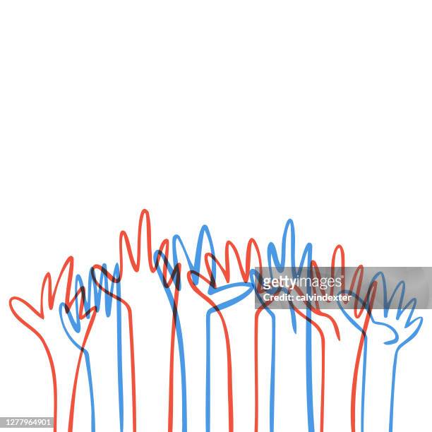 human hands reaching out usa flag colors - social justice concept stock illustrations