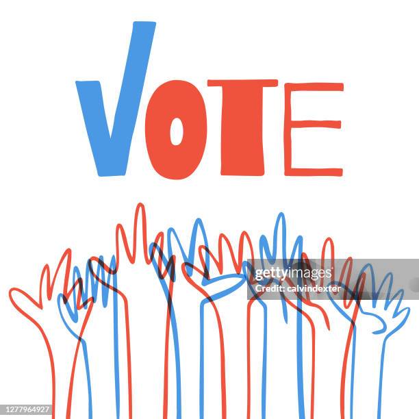 human hands reaching out usa flag colors - early voting stock illustrations