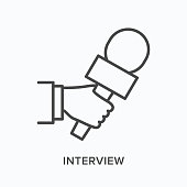 Hand holding microphone flat line icon. Vector outline illustration of journalist taking interview. Press conference thin linear pictogram