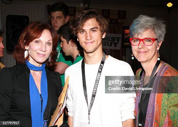 Actress Marilu Henner, son filmmaker Nick Lieberman, and Harvard Westlake teacher attend the Future Filmmakers Luncheon during the 2011 Los Angeles...