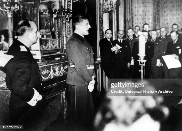 German Ambassador to Vichy France, Otto Abetz, delivering a press conference, 15 December 1940. The subject was the transfer of the body of the...