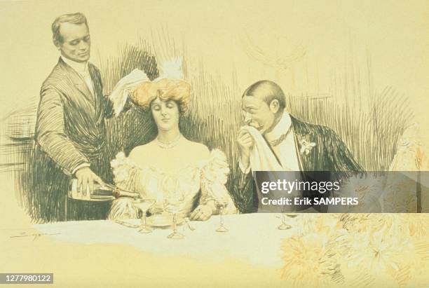 Engraving from the early XXth century representing Louis ROEDERER, founder of the LOUIS ROEDERER Champagne company and his wife, being served a glass...