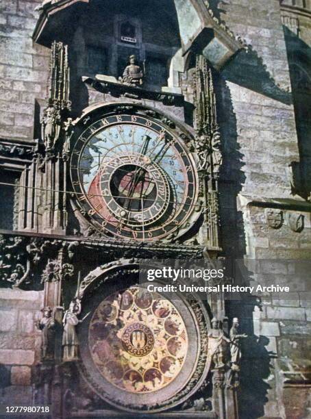 Astronomical clock, Old Town Hall, Prague, 1943. Dating from the early 15th century, it is also known as the Prague Orloj. A print from Signal,...