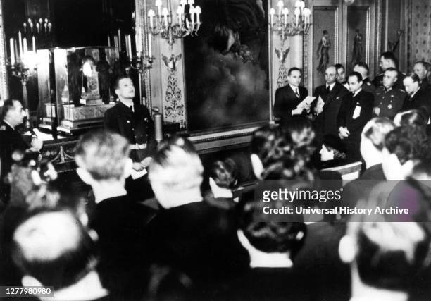 Otto Abetz, German ambassador to France, holding a press conference, Paris, 15 December 1940. He is speaking on the subject of the transfer of the...