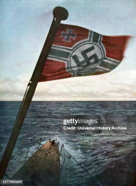 Swastika flying on a German submarine in the North Atlantic, 1941. A print from the Signal, Febuary 1942. Signal was a magazine published by the...