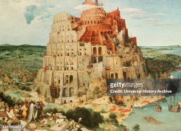 Pieter Bruegel the Elder's painting titled 'Tower of Babel', 1563. The tower was built by a united humanity in an attempt to reach Heaven. Part of...