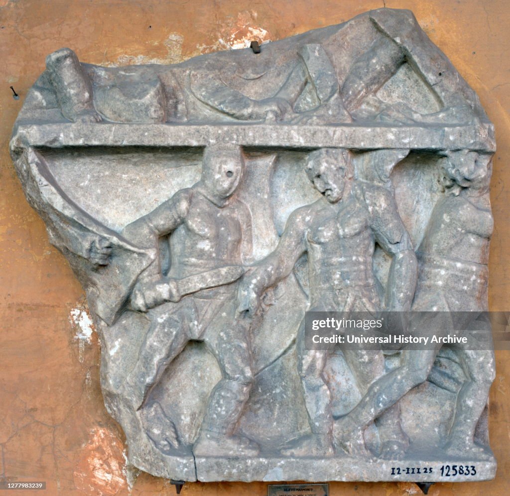 A bas-relief of a fight between Secutor and Retiarius, 3rd century, Rome