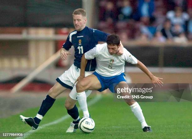 Scotland striker Paul Gallagher grapples with Andrea Mantovani