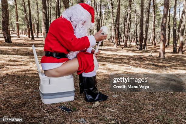 santa claus on toilet bowl with paper - weakness stock pictures, royalty-free photos & images