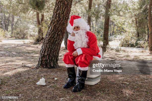 santa claus on toilet bowl in forest - men taking a dump stock pictures, royalty-free photos & images