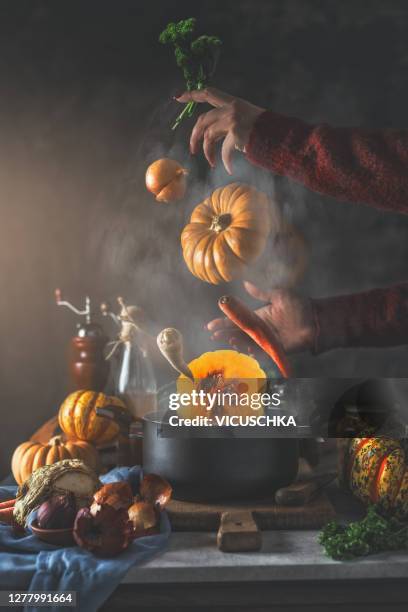 creative pumpkin soup still life with flying or falling vegetables ingredients in steaming cooking pot and woman hands - soup vegtables stockfoto's en -beelden