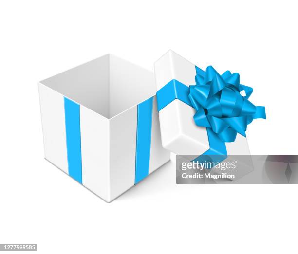 illustrations, cliparts, dessins animés et icônes de boîte cadeau ouverte blanche avec arc bleu et rubans - box in open