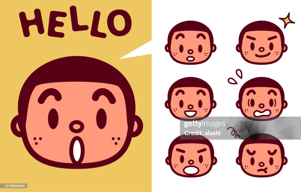 Facial expression (Emoticons) of cute boy with a crew cut and freckle