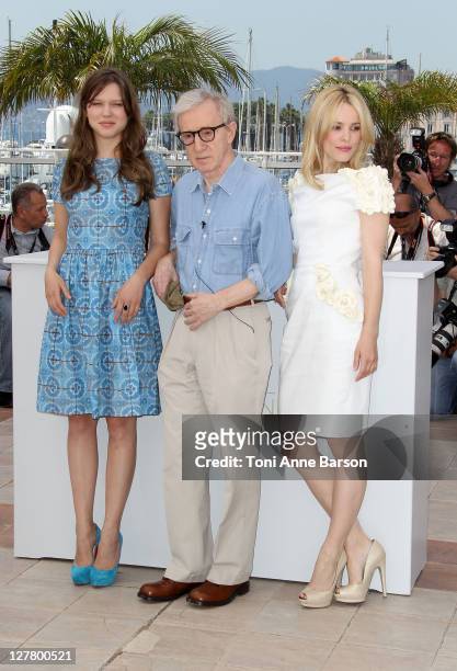 Actress Lea Seydoux, director Woody Allen and actress Rachel McAdams attend the "Midnight In Paris" Photocall at the Palais des Festivals during the...