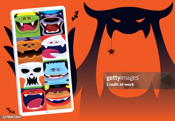 video chatting with halloween friends via smartphone - count dracula stock illustrations