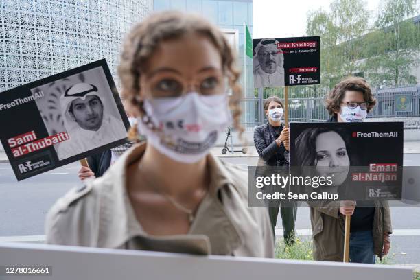 Protesters from Reporters Without Borders demonstrate outside the Saudi Arabian Embassy on the 2nd anniversary of the murder of Saudi Arabian...