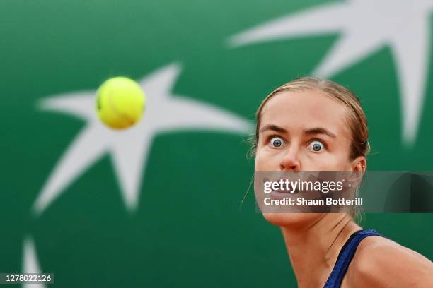 Anna Karolina Schmiedlova of Slovakia plays a forehand during her Women's Singles third round match against Nadia Podoroska of Argentina on day six...