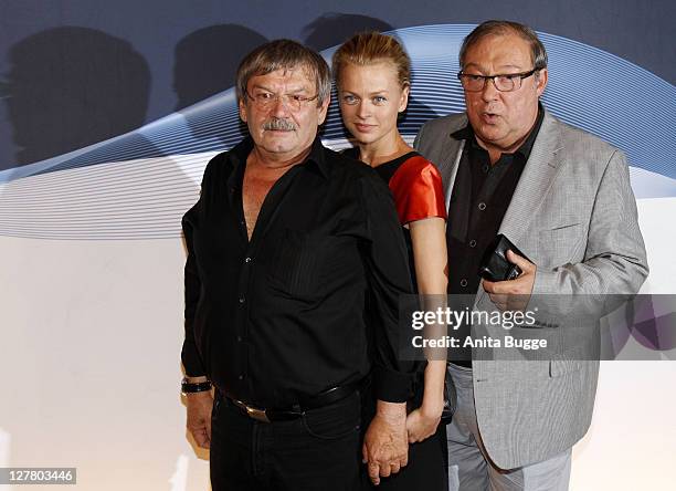 Actors Wolfgang Winkle, Isabell Gerschke and Jaecki Schwarz attend the "Polizeiruf 110" 40th Anniversary Celebration at the Astor Filmlounge movie...