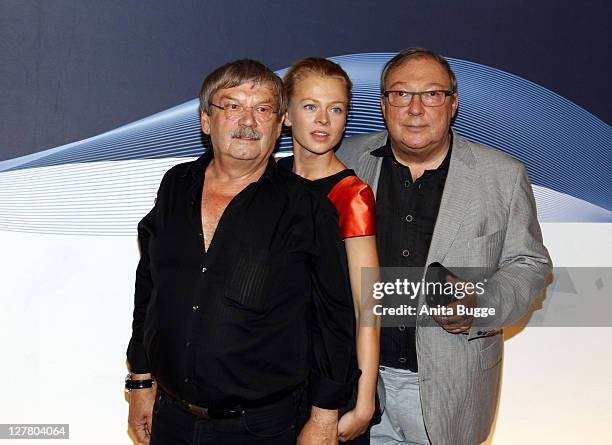 Actors Wolfgang Winkle, Isabell Gerschke and Jaecki Schwarz attend the "Polizeiruf 110" 40th Anniversary Celebration at the Astor Filmlounge movie...