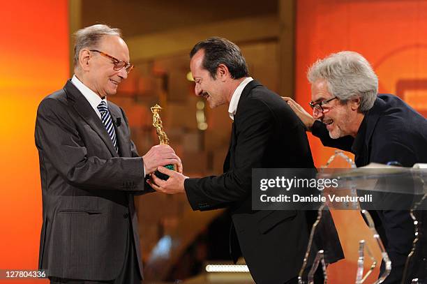 Ennio Morricone and Rocco Papaleo attend the 'David Di Donatello' movie awards at the Auditorium Conciliazione on May 6, 2011 in Rome, Italy.