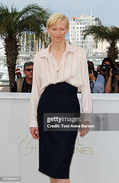 Actress Tilda Swinton attends the "We Need To Talk About Kevin" Photocall at the Palais des Festivals during the 64th Cannes Film Festival on May 12,...