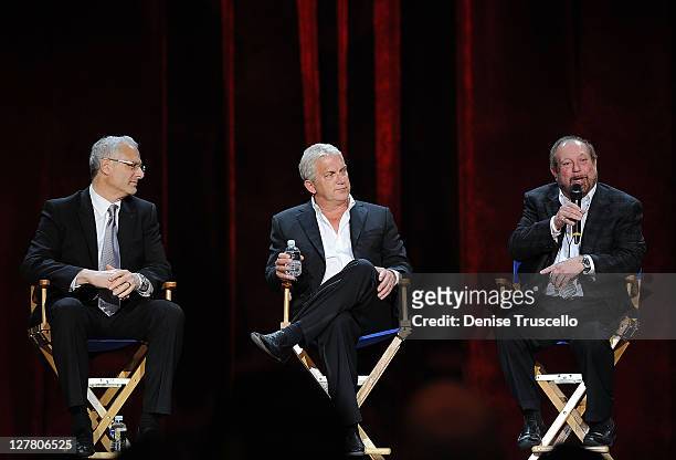 Gary Selesner, John Meglen and Ken Ehrlich during a press conference after Celine Dion's new show at The Colosseum at Caesars Palace on March 15,...