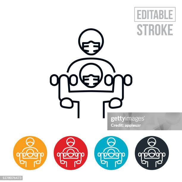 personal trainer and client wearing face masks thin line icon - editable stroke - exercise mask stock illustrations