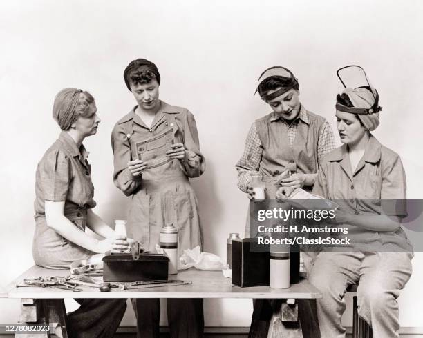 1940s Four Women Ww2 Defense Factory Workers Sharing and Eating Lunch Looking Over United States Savings Bonds