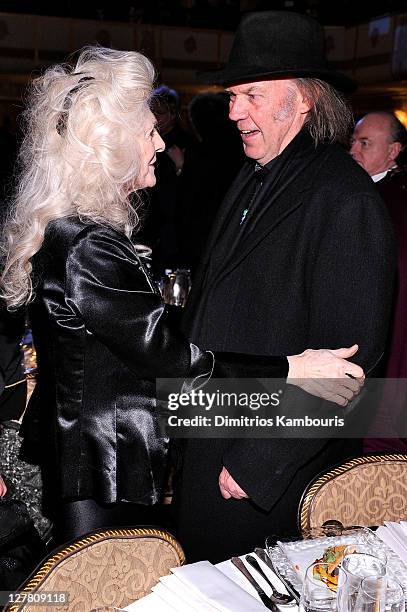 Judy Collins and Neil Young attend a dinner for the 26th annual Rock and Roll Hall of Fame Induction Ceremony at The Waldorf=Astoria on March 14,...