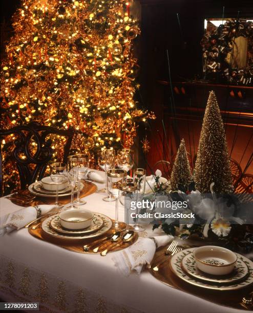 1980s 1990s Elegant Christmas Dinner Table Place Settings Gold Trimmed Tree Upscale Festive Holiday Party China Plates