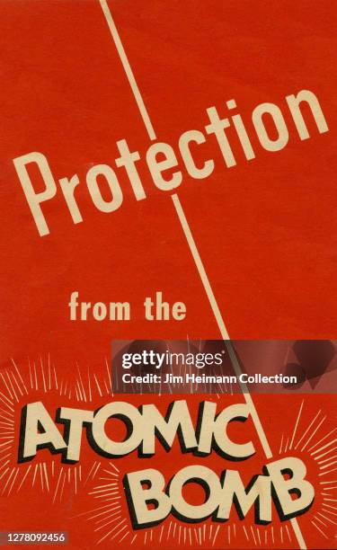 Pamphlet titled "Protection from the Atomic Bomb" utilizes a red background and minimal typographic cover, circa 1950.