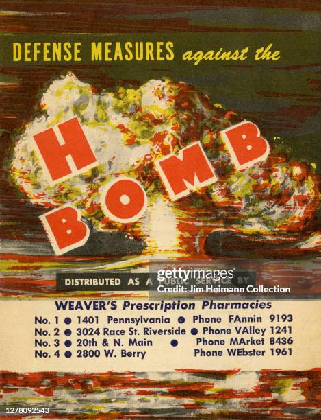 Booklet titled "Defense Measures against The H Bomb" shows an illustration of agiant mushroom cloud explosion, 1954.