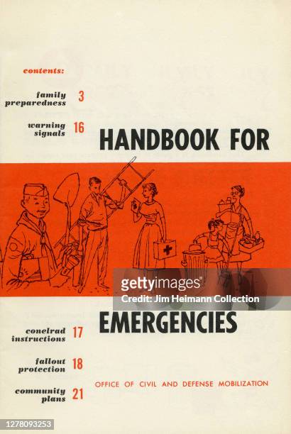 Publication titled "Handbook for Emergencies" by the Office of Civil and Defense Mobilization shows an illustration of people engaged in various acts...
