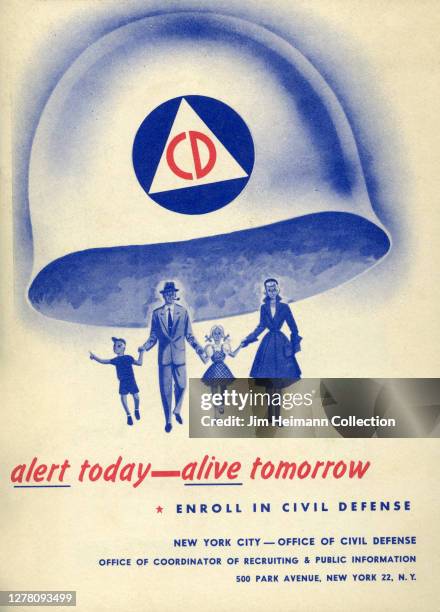 An informational brochure for civil defense shows an illustration of a family walking hand-in-hand beneath a giant helmet, circa 1952.