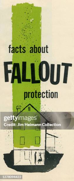 An informational pamphlet titled "Facts About Fallout Protection" shows a modern illustration of a house, circa 1958.