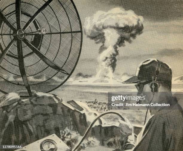 An illustration shows a man with a headset operating machinery while a mushroom cloud explosion is seen in the distance, circa 1953.