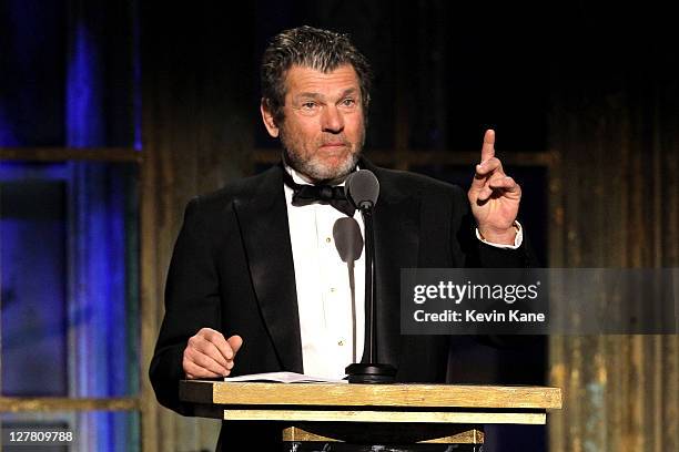 Founder of the Rock and Roll Hall of Fame Foundation Jann Wenner speaks onstage at the 26th annual Rock and Roll Hall of Fame Induction Ceremony at...