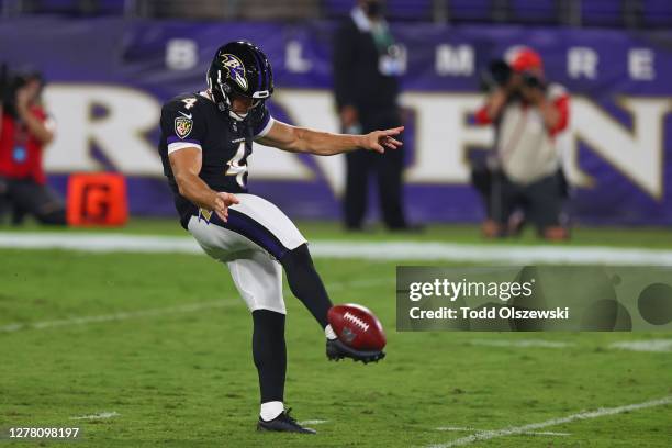 Sam Koch of the Baltimore Ravens punts the ball during the first half against the Kansas City Chiefs at M&T Bank Stadium on September 28, 2020 in...