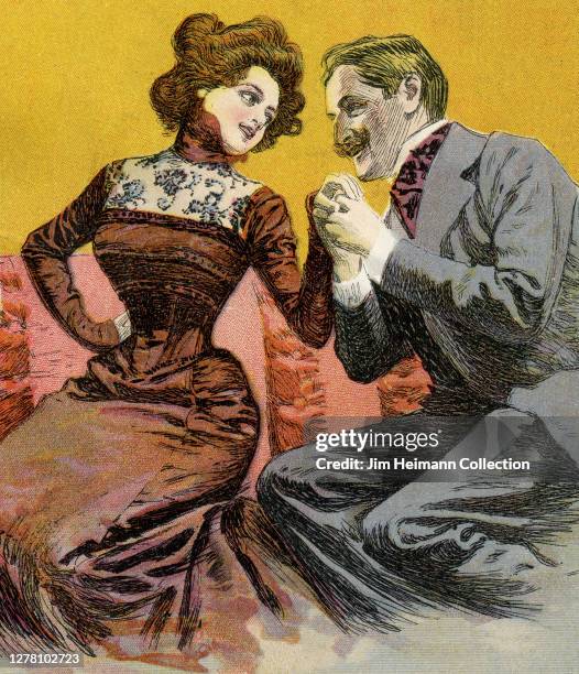 An illustration depicts a cultured man and woman sitting next to each other on a seat as the man holds the womans hand and looks confidently at her,...