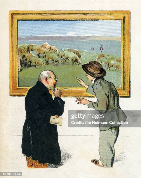 An illustration depicts two men in an art gallery discussing a painting, which shows cattle grazing an open field, circa 1900.