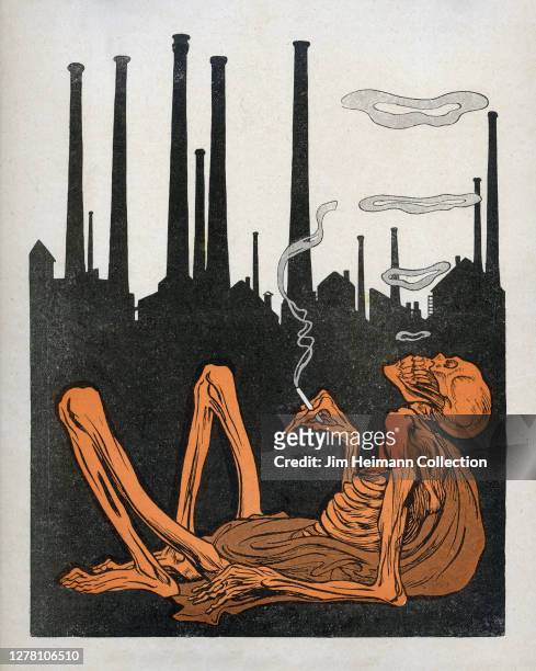 An illustration depicts a skeleton leaning back and smoking a cigarette against the silhouette of an industrial city, circa 1919.