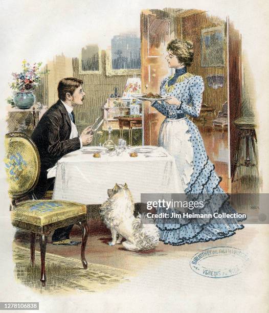 An illustrations shows a woman bringing a plate of food to a man who sits at a table with a dog begging at his feet, circa 1900.