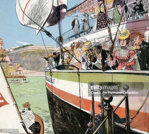 Illustration depicts a large passenger boat filled with cultured and jovial people leaving the harbor, circa 1900.