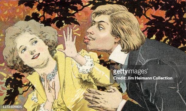 An illustration shows a man leaning in with puckered lips to kiss a woman as the unwilling object of his affection pulls away with hands up in the...