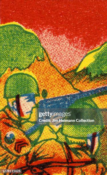 An illustration depicts two army men crouched behind a barrier as one of them fires a gun, ca. 1940.