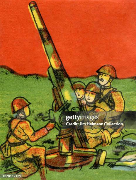 An illustration shows four army men huddled around a cannon against the backdrop of a blood red sky, circa 1940.
