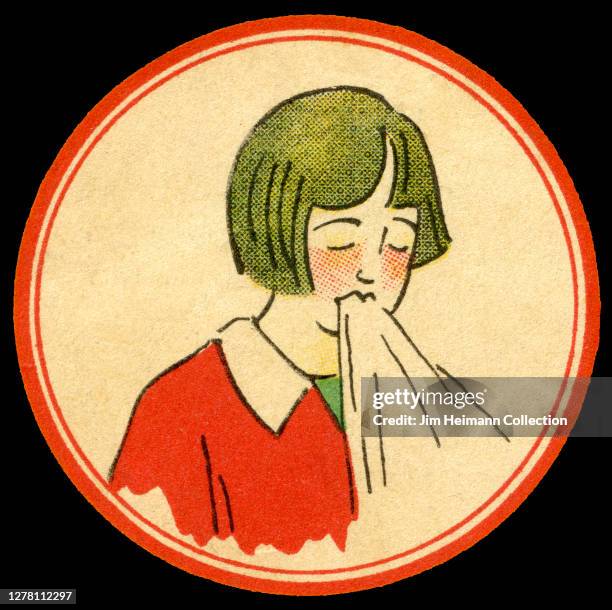 Luggage label shows an illustration of a woman projectile vomiting, ca. 1934.