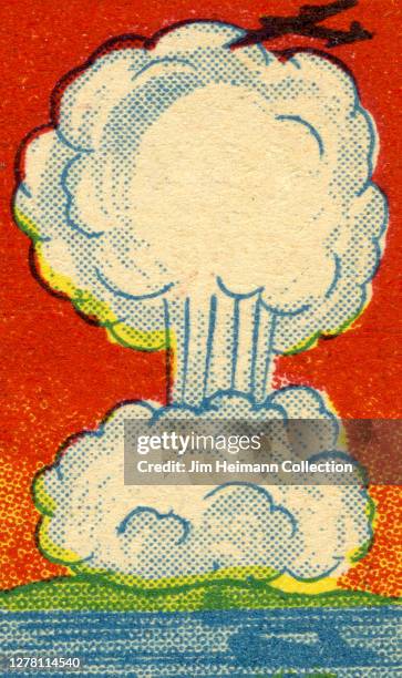 An illustration shows a giant mushroom cloud explosion as a plane flies overhead through a red sky, circa 1940.