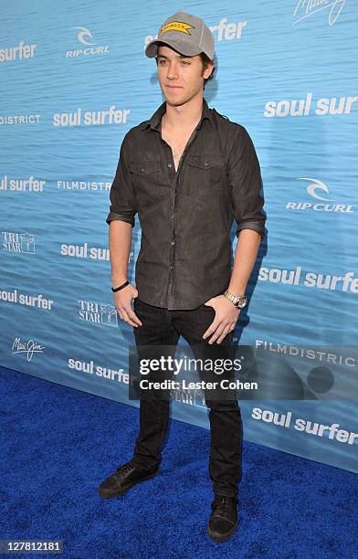 Actor Jeremy Sumpter arrives at the the "Soul Surfer" Los Angeles Premiere at ArcLight Cinemas on March 30, 2011 in Hollywood, California.